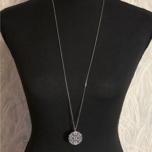 LOFT Silver Tone Crystal Filigree Disk Pendant Necklace 34”